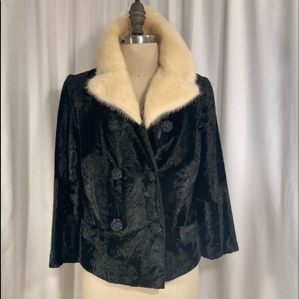 Vintage Faux Karakul w/Natural White Mink Collar. Fine English Tailoring.